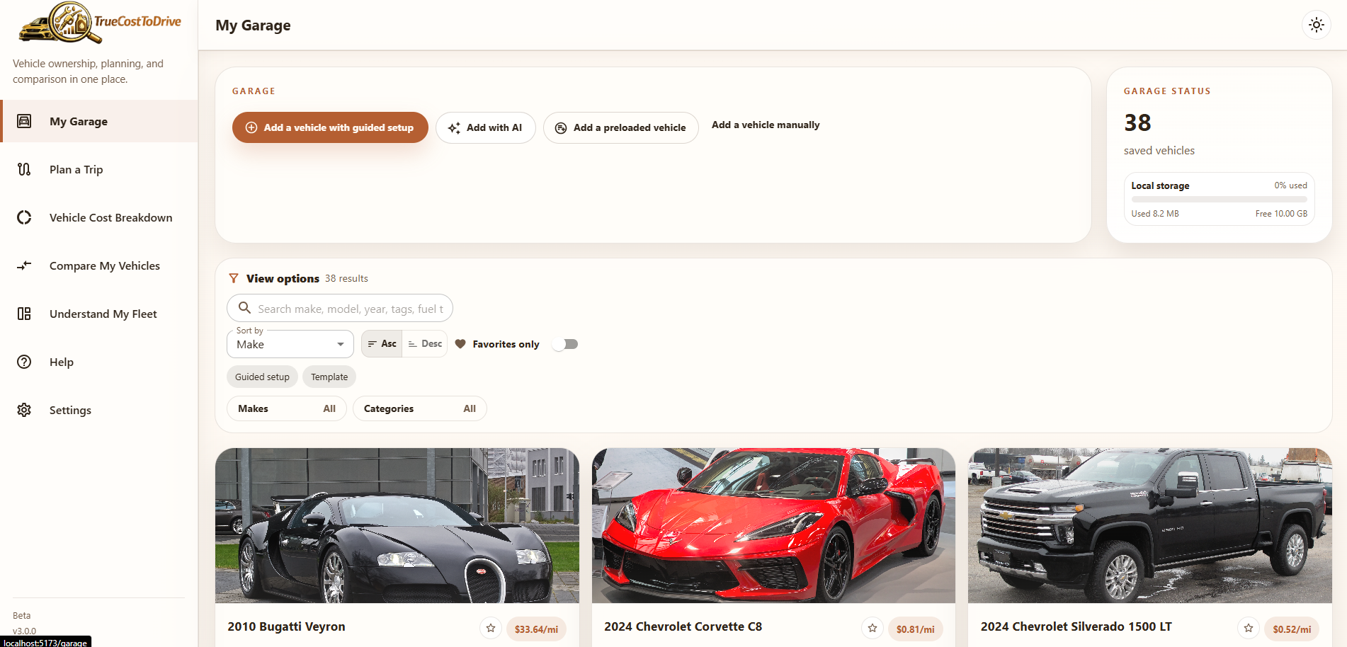 Garage view showing saved vehicles and filters
